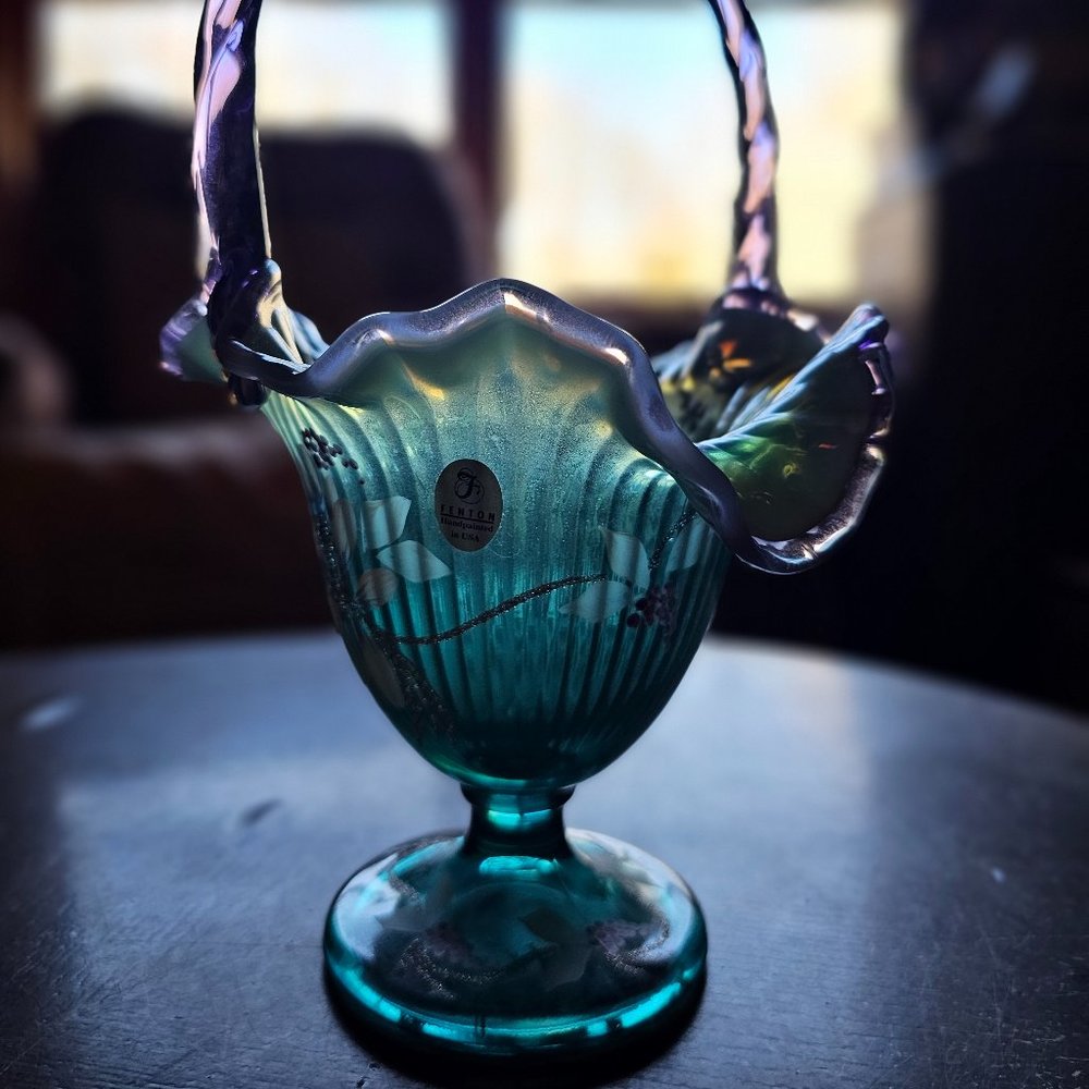 Fenton Glass New Century XXI Teal & Amethyst Dragonfly Floral Signed Basket